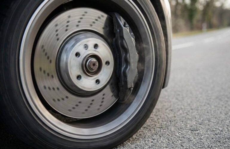 Disque de frein ventilé d'une voiture en mouvement sur une route goudronnée, vu de côté.