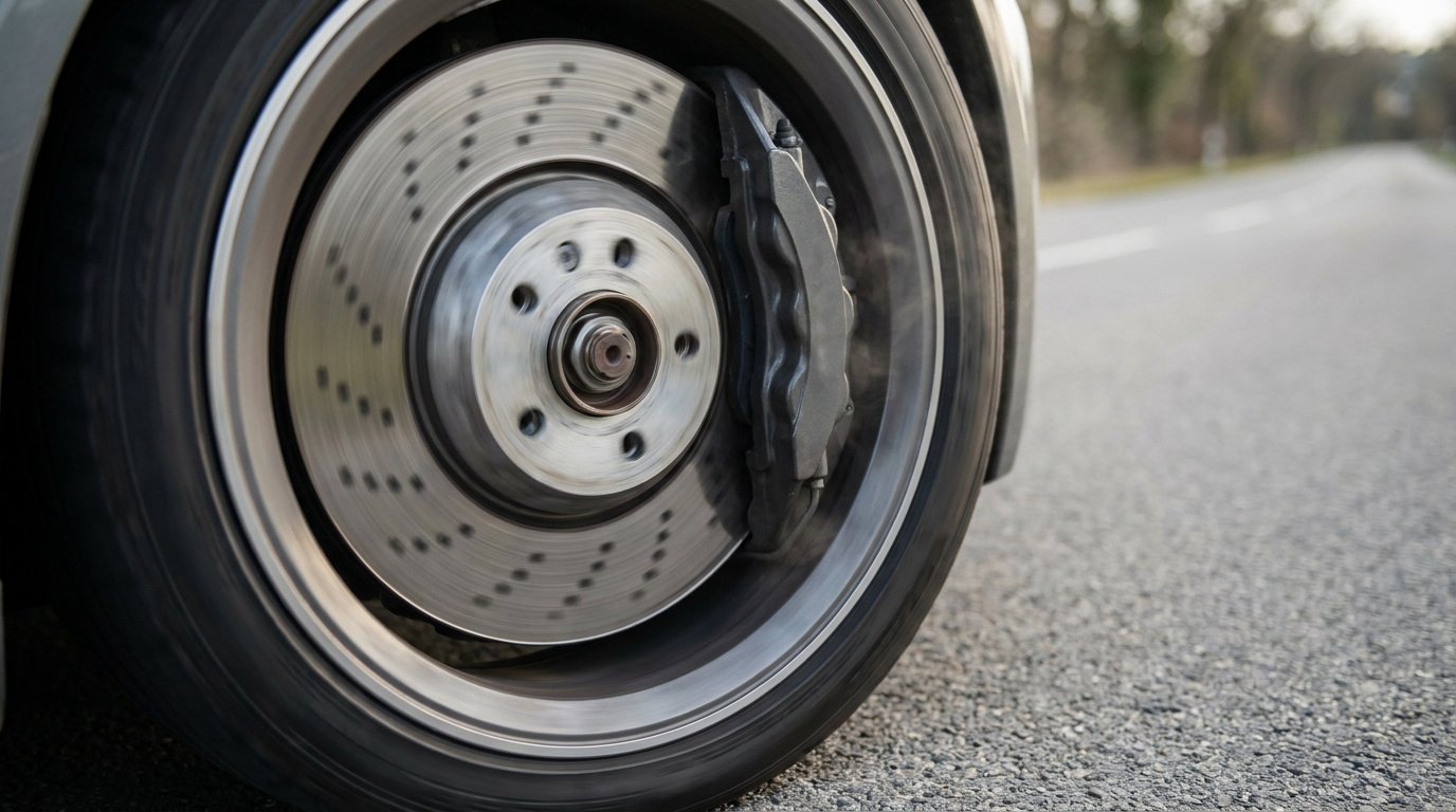 Disque de frein ventilé d'une voiture en mouvement sur une route goudronnée, vu de côté.