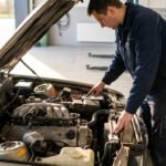 Un mécanicien en combinaison bleue inspecte le moteur ouvert d'une voiture dans un garage.