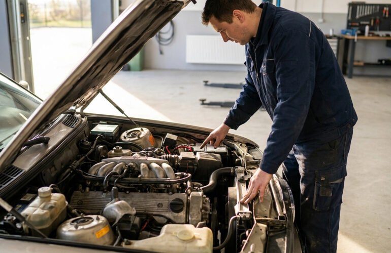 Un mécanicien en combinaison bleue inspecte le moteur ouvert d'une voiture dans un garage.