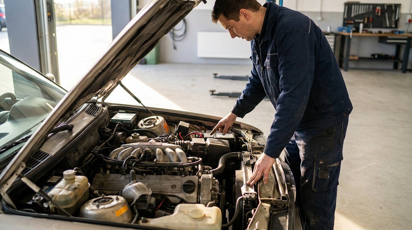 Un mécanicien en combinaison bleue inspecte le moteur ouvert d'une voiture dans un garage.