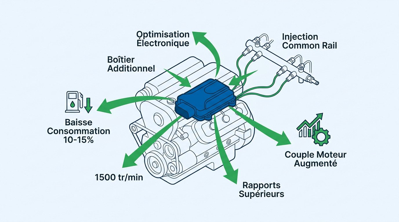 Boîtier électronique installé sur un moteur diesel pour optimiser la consommation
