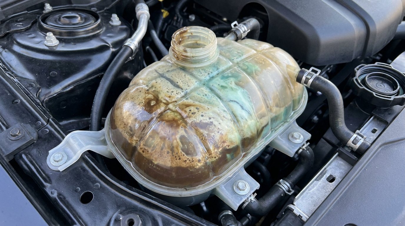 Réservoir de liquide de refroidissement automobile contenant un mélange trouble d'huile marron et de liquide vert.