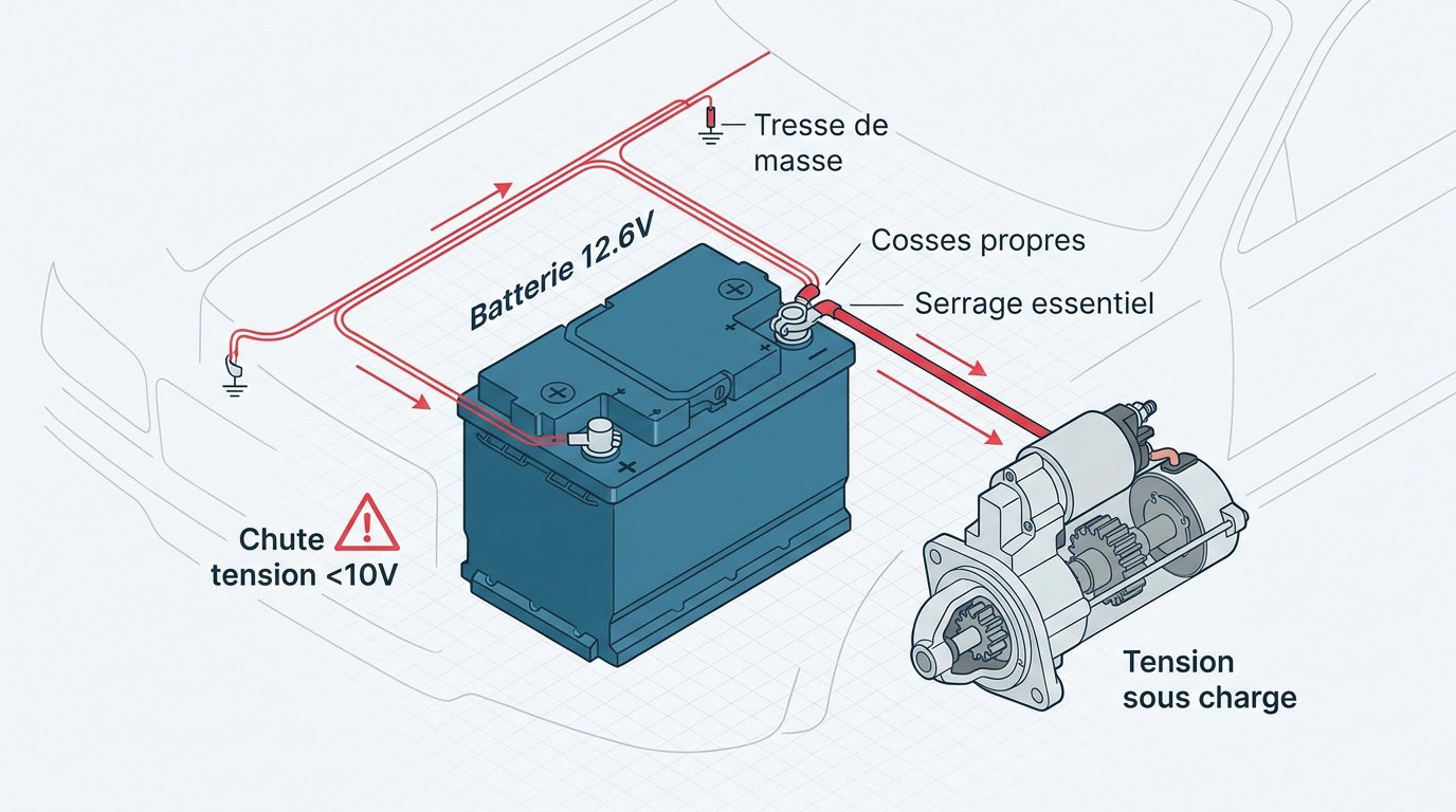 Schéma technique du système de démarrage d'une voiture incluant la batterie et le démarreur