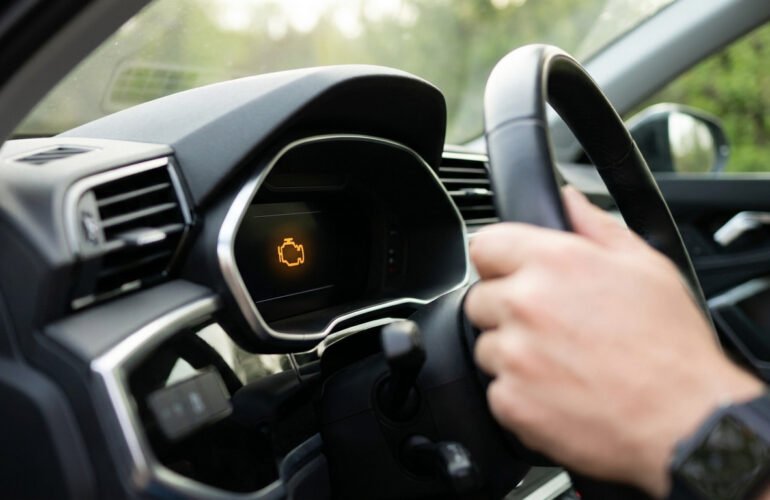 Un conducteur tient le volant alors que le voyant orange du système antipollution est allumé sur le tableau de bord.
