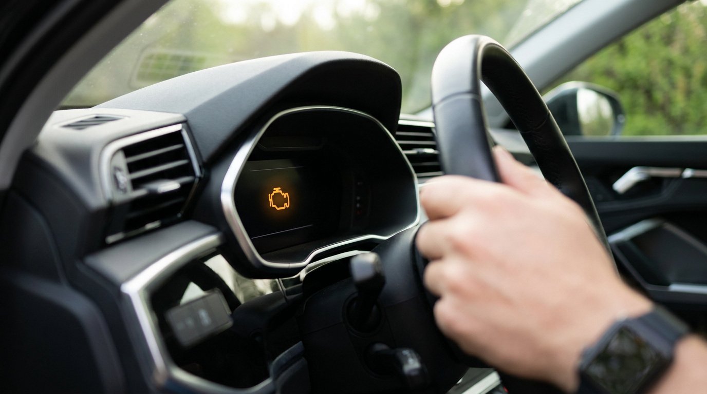 Un conducteur tient le volant alors que le voyant orange du système antipollution est allumé sur le tableau de bord.