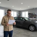 Un homme regarde attentivement une facture dans un garage moderne avec une voiture grise en arrière-plan.