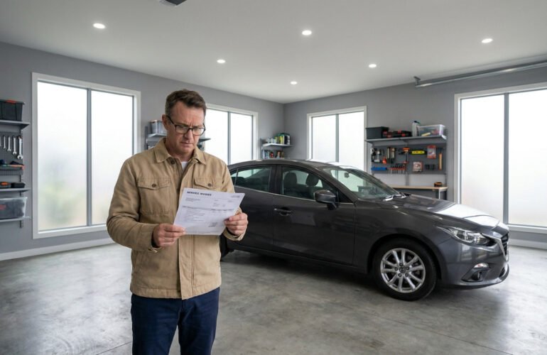 Un homme regarde attentivement une facture dans un garage moderne avec une voiture grise en arrière-plan.