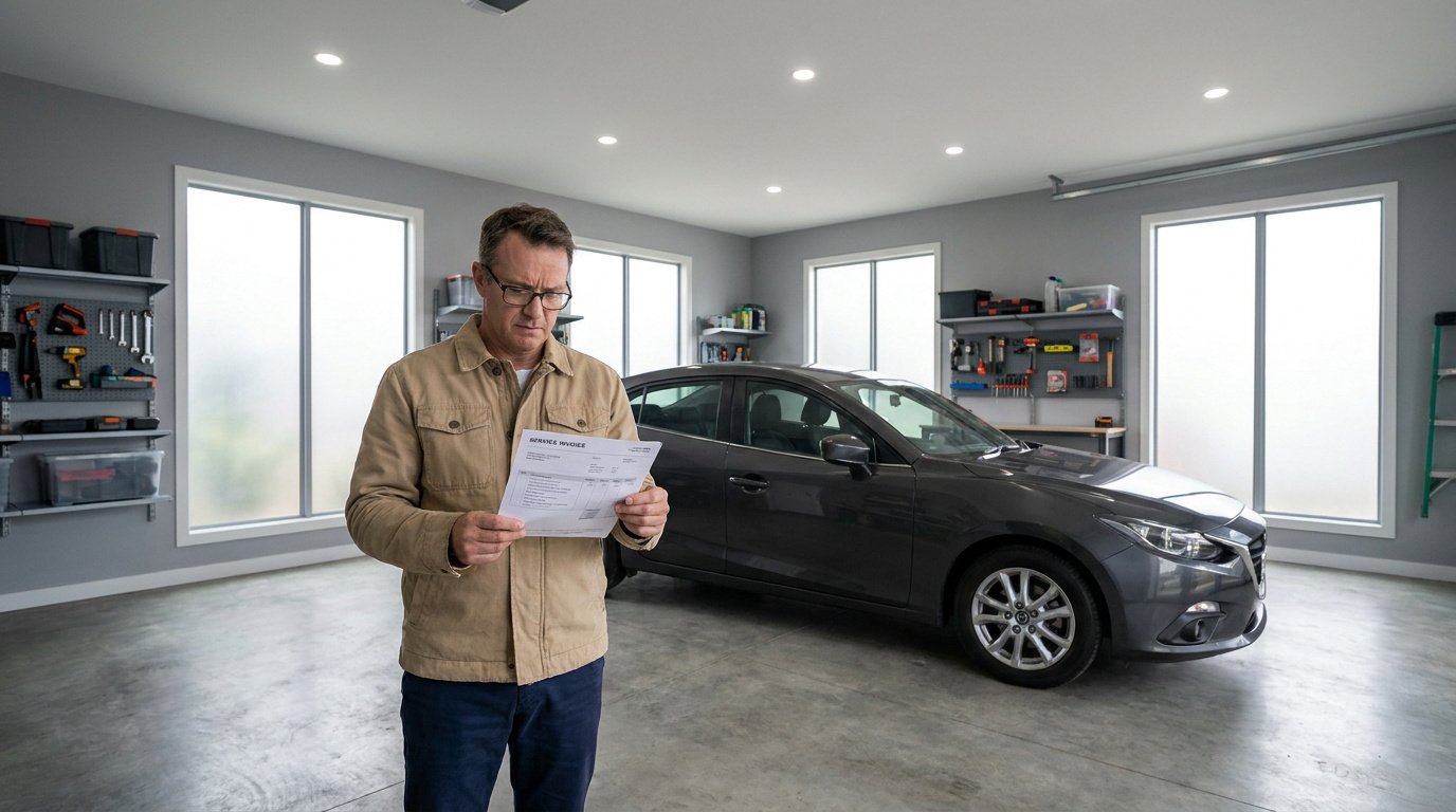 Un homme regarde attentivement une facture dans un garage moderne avec une voiture grise en arrière-plan.