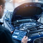 Un mécanicien utilise une tablette pour diagnostiquer le moteur d'une voiture bleue avec le capot ouvert dans un garage.