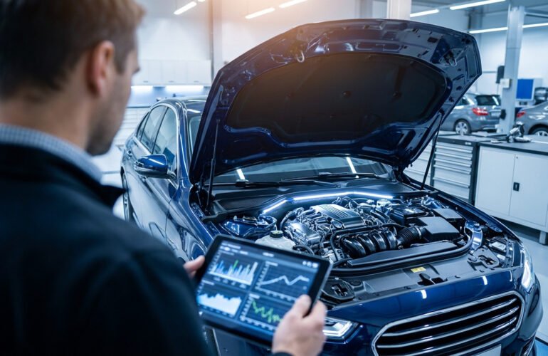 Un mécanicien utilise une tablette pour diagnostiquer le moteur d'une voiture bleue avec le capot ouvert dans un garage.