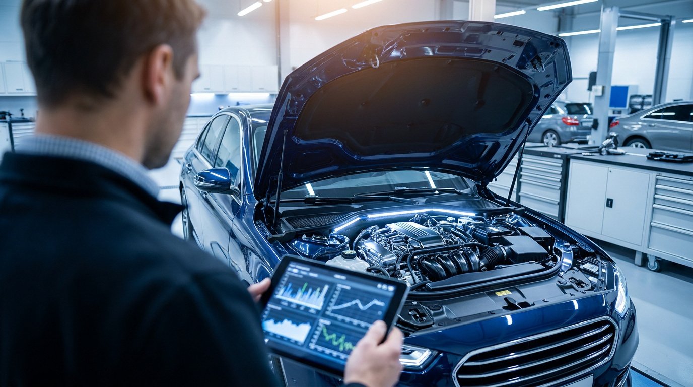 Un mécanicien utilise une tablette pour diagnostiquer le moteur d'une voiture bleue avec le capot ouvert dans un garage.