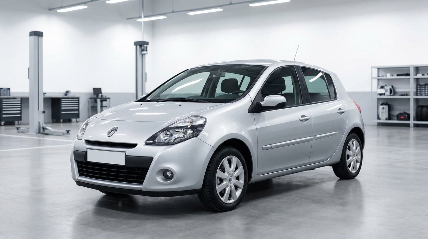 Une Renault Clio 3 grise garée dans un garage automobile lumineux et spacieux.
